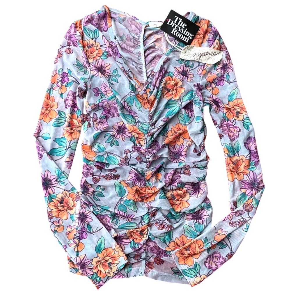 Mystree Floral Mesh Ruched Top Womens Small Multicolor NWT V-Neck Long Sleeve‎